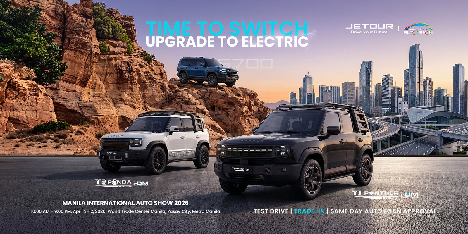 JJETOUR T2 Panda i-DM and T1 Panther i-DM electric SUVs showcased at Manila International Auto Show 2026 with city skyline and off-road landscape, Time to Switch Upgrade to Electric